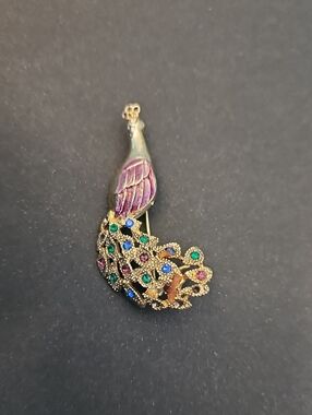 Gold-Tone Peacock Brooch with Pink and Multicolor Stones